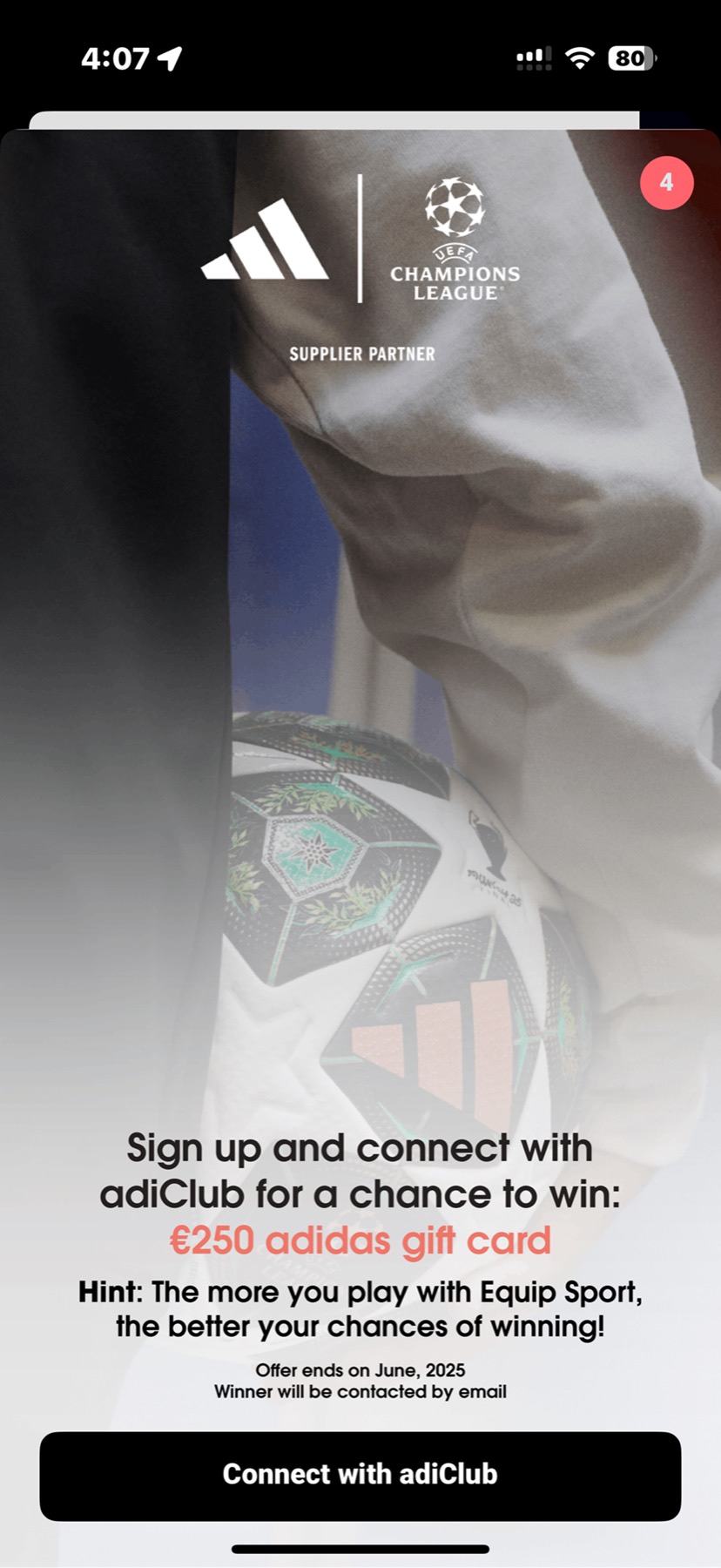 App screen inviting players to connect with adiClub for a chance to win a 250 euro adidas gift card.