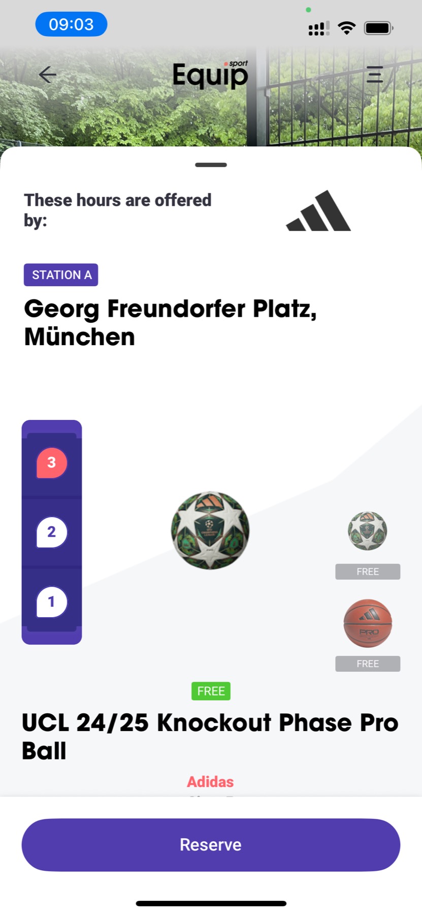 App station screen showing the UCL 24/25 Knockout Phase Pro Ball at Georg Freundorfer Platz, free.