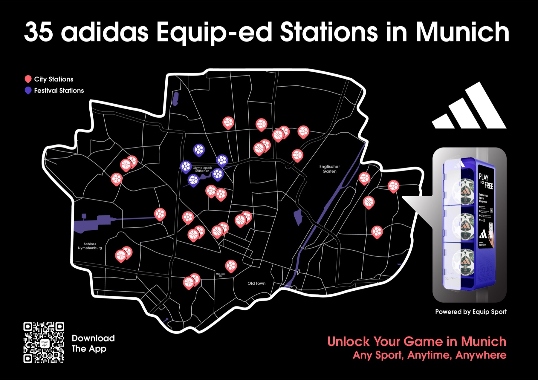 Map of Munich: 35 adidas Equip-ed stations, city stations and festival stations.