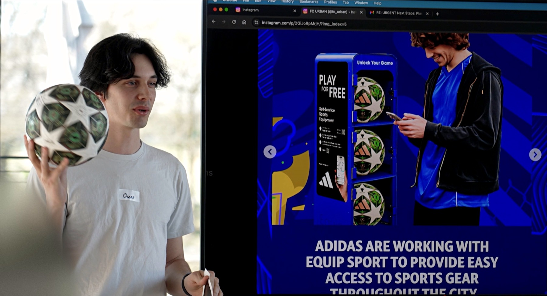 Oscar presenting at a Champions Innovate workshop, holding the Champions League ball, next to adidas' post announcing the partnership.